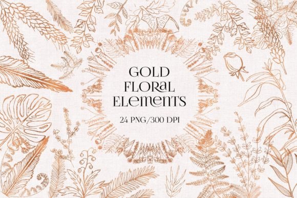 24 Png Gold Floral Overlays, Clipart: Luxury Design Elements