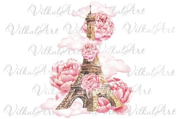 Eiffel Tower Floral Peonies Clipart