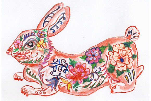 Rabbit Floral Art: A Hand-Drawn Red Rabbit with Flowers