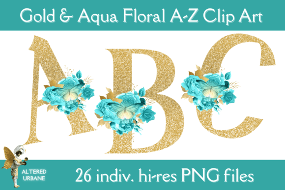 The Magic of Gold Glitter Aqua Floral A-Z Clip Art in Custom Crafting