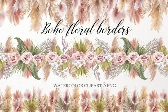 Watercolor Boho Floral Border Clipart: Hand-Painted Botanicals for Modern Creative Projects